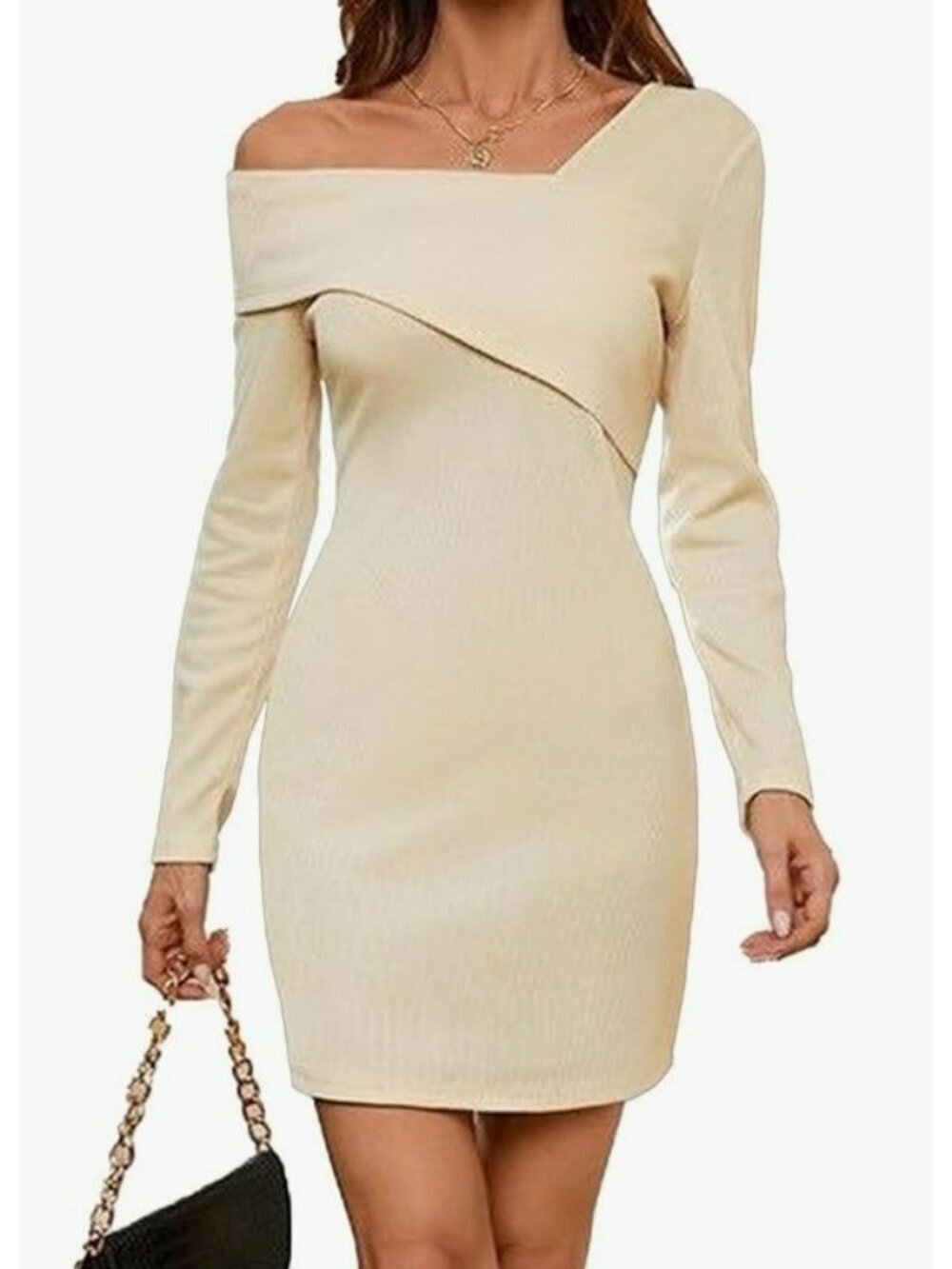 Peach Love Off-Shoulder Beige Knit Sweater Dress Medium Ribbed Accent